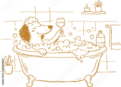 Hand-drawn doodle of a happy dog relaxing in a bubble bath, holding a wine glass, with a rubber duck and bathroom accessories on tiles