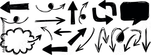 Hand sketched arrows and speech bubble icons with hand drawn graphics illustration collection direction movement communication freehand straight
