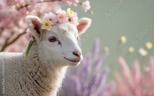 Cute white lamb wears a flower crown in springtime meadow