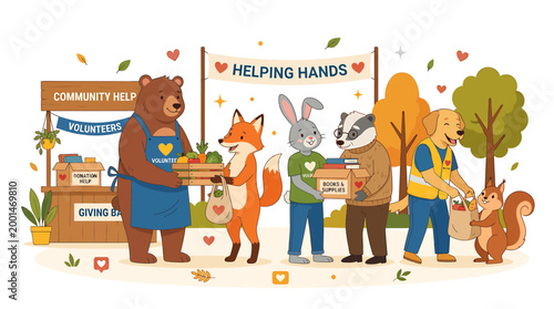Friendly animals volunteering to help community, donating food and books