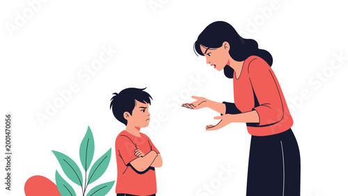 Angry mother scolding her son who is standing with his arms crossed in a defiant posture during a family disagreement.