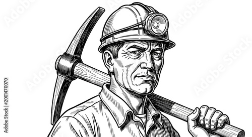 A miner wearing a helmet holds a pickaxe on his shoulder in a mine