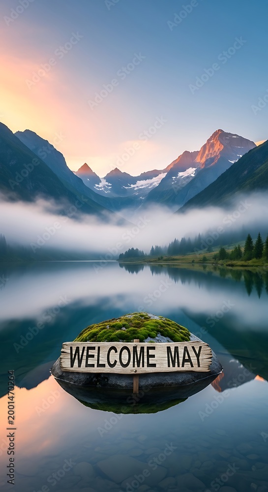 Fototapeta premium welcome may sign floating on misty mountain lake at sunrise