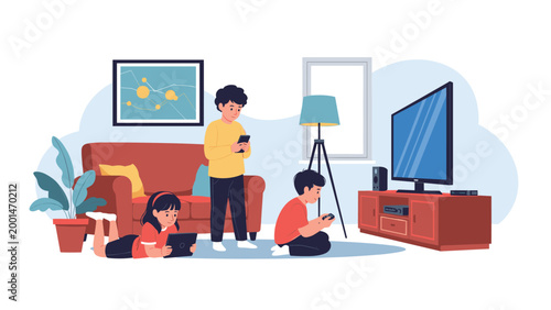 Three children in a living room preoccupied with digital devices like tablets, smartphones, and television games.