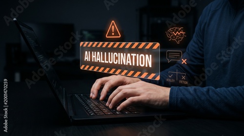 A person typing on a laptop with an AI hallucination warning sign appearing on the screen in a dark room