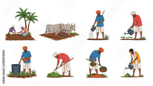 Set of illustrations showing Indian farmers performing various agricultural tasks like plowing with oxen, sowing, and harvesting.