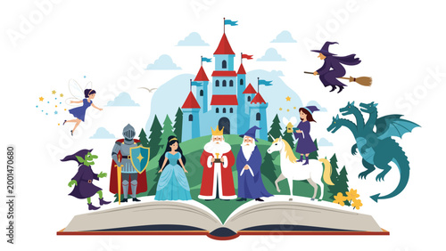 Open storybook with a magical kingdom featuring a majestic castle, king, queen, wizard, knight, dragon, and a tiny fairy.