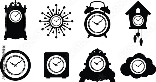 Εκτύπωση καμβά Colección de siluetas de relojes de diferentes estilos y épocas, incluyendo relojes de pie, despertadores y relojes de cuco