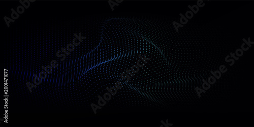 Foto Flowing dot particles wave pattern blue and green gradient light isolated on black background