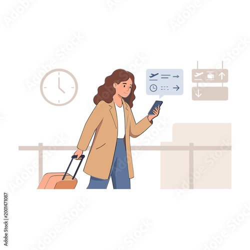 Woman checks phone while pulling luggage at airport travel counter