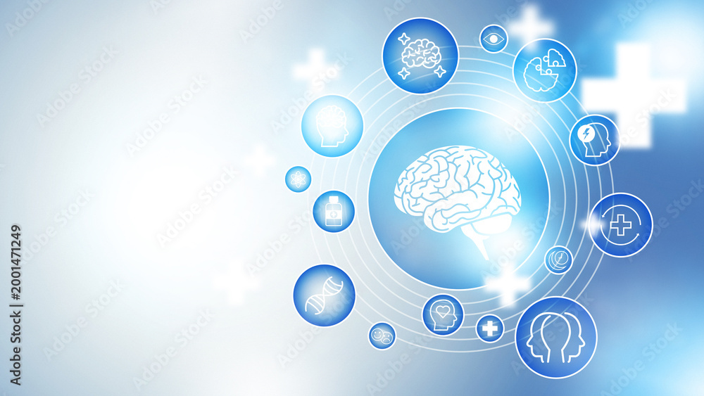 Obraz premium Medical symbols and a brain graphic on a light blue background with circles and icons