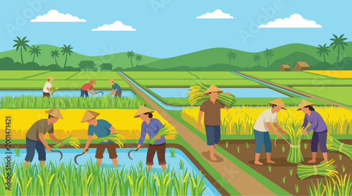 Farmers diligently harvesting rice in vibrant green paddy fields under a clear sky, showcasing traditional agricultural practices, community effort, and the essence of rural food production