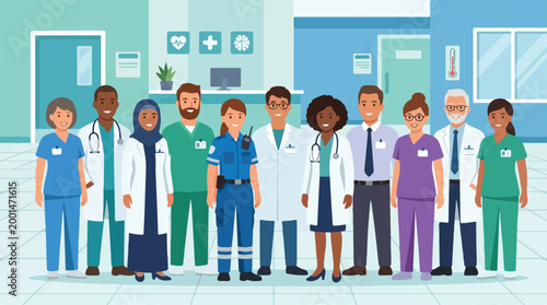 Diverse team of doctors, nurses, and medical staff united in a modern hospital. Dedicated to patient care and community health, symbolizing professional and compassionate service