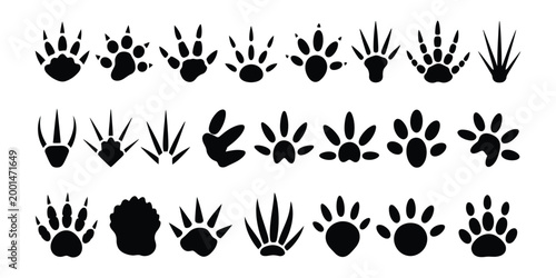 Dinosaur Footprint Vector Set, Black Dino Silhouette Fossil Paw Prints, Monster Reptile Footsteps, Paleontology Fossil Track Collection with Tyrannosaurus and Triceratops Tracks