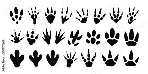 Dinosaur Footprint Vector Set, Black Dino Silhouette Fossil Paw Prints, Monster Reptile Footsteps, Paleontology Fossil Track Collection with Tyrannosaurus and Triceratops Tracks