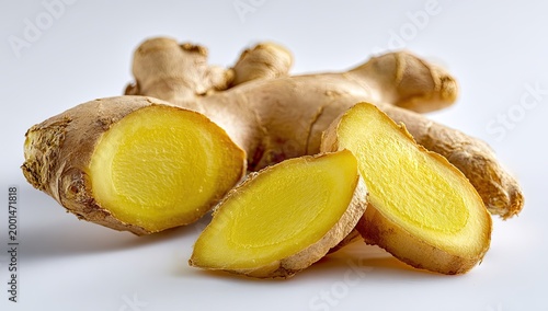 Root, sliced, showing bright yellow flesh, on white background