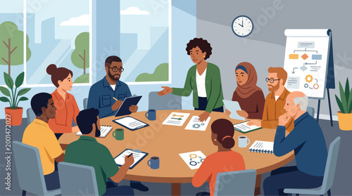 Diverse professional team collaborating in a modern office meeting, discussing business strategies and ideas for project development. Engaged colleagues brainstorm solutions for corporate growth