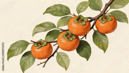 Persimmon fruit on branch with leaves