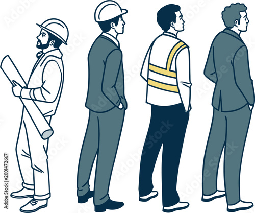 Four construction workers in hard hats and safety gear standing in a row on white background