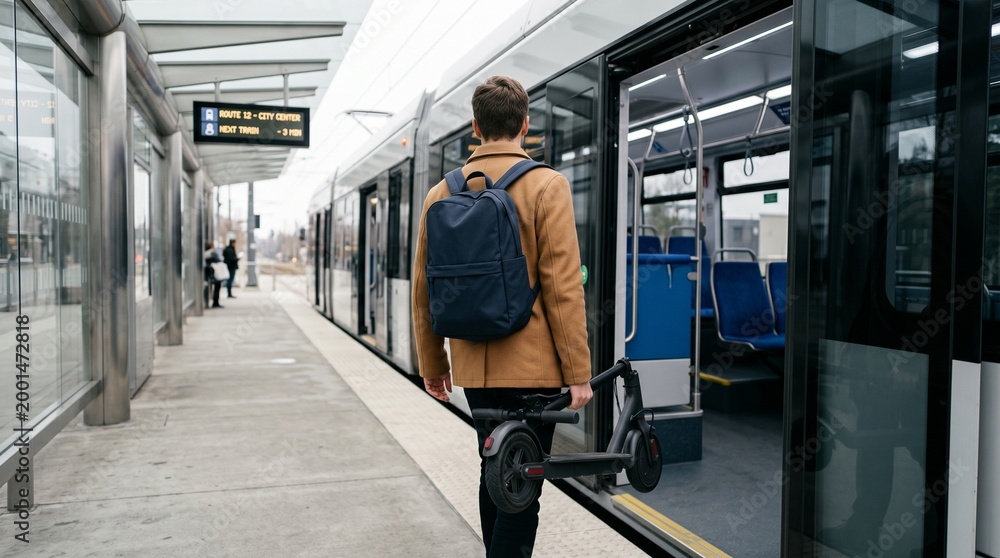 Obraz premium Young man with backpack carrying electric scooter boarding modern city tram.