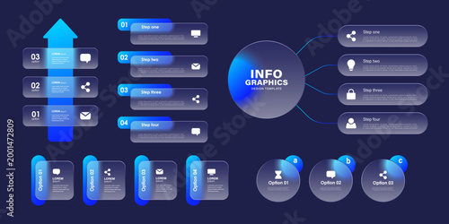 Infographic label design template set. Matte glass effect