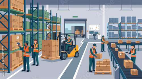 Warehouse workers in a busy distribution center with forklifts, conveyor belts, and stacks of boxes