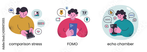 Social media problems scenes set, flat cartoon male and female characters with phones, comparison stress, FOMO and echo chamber. Modern digital life issues and smartphone addiction vector illustration