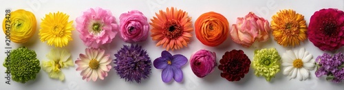 Vibrant assortment of diverse flowers in two horizontal rows against a white background