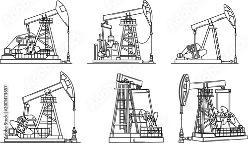 Collection of oil pump jack technical line art drawings depicting industrial petroleum extraction machinery for energy production and fuel industry concepts.