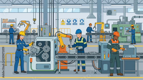 Modern factory floor with automated assembly lines and workers overseeing production in a high-tech manufacturing environment