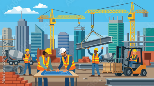 Dynamic illustration of a bustling urban construction site with diverse workers collaboratively building new structures, showcasing modern city development and infrastructure growth
