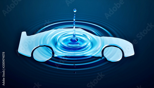 Eco friendly hydrogen transport concept with car icon on blue water surface ripple and splash