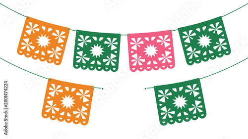 Festive Paper Flag Garland for Cinco de Mayo, Colorful Mexican Holiday Banner with Traditional Decorative Flags, May 5 Celebration Vector Illustration for Party, Event, and Cultural Design