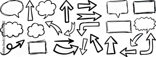 Collection of hand drawn arrows and speech bubbles in doodle style with dialogue