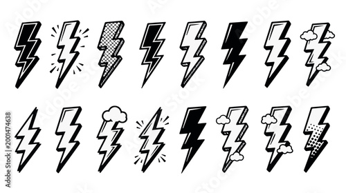 Collection of hand drawn lightning bolt icons in doodle style with black and whi