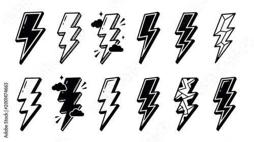 Collection of hand drawn lightning bolt icons in doodle style 