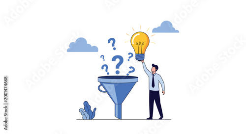 Creative businessman holding a bright lightbulb to transform multiple question marks through a blue data funnel.