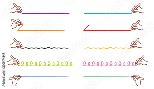 Konstfotografi ペンで線を引く手の動作とカラフルな手描きアンダーラインセット / Hand drawing various colorful lines and underli
