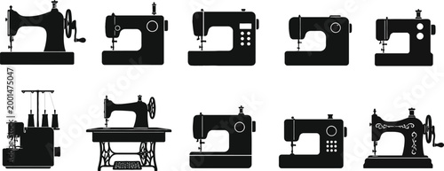Sewing Machine Silhouette Collection Vector, Vintage and Modern Tailoring Equipment Icons Set
