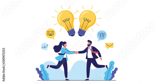 Two business partners shake hands under two glowing light bulbs, symbolizing a successful collaboration and the birth of innovative new ideas.