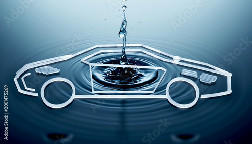 Eco friendly hydrogen transport concept with car icon on blue water surface ripple and splash