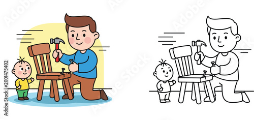 Father and Son Repairing a Chair Together Vector Illustration and Coloring Page Set, Dad and Child DIY Home Activity, Hand Drawn Carpentry Scene for Kids Educational Craft and Father's Day