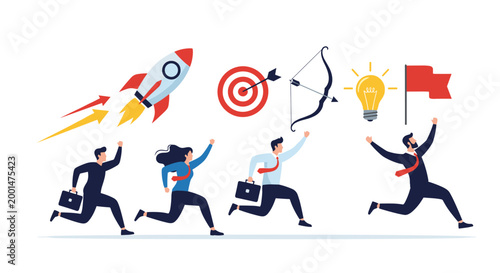 Diverse business team running with enthusiasm toward various symbols of success including a rocket and trophy.