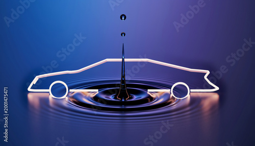 Eco friendly hydrogen transport concept with car icon on blue water surface ripple and splash