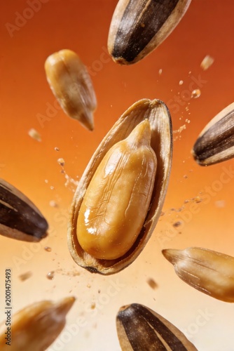 Flying sunflower seeds with cracked shell revealing kernel, dynamic food shot on orange gradient background, ideal for snack packaging, food ads, healthy ingredient visuals.