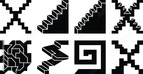 Conjunto de ocho patrones geométricos abstractos en blanco y negro, algunos con efecto tridimensional.