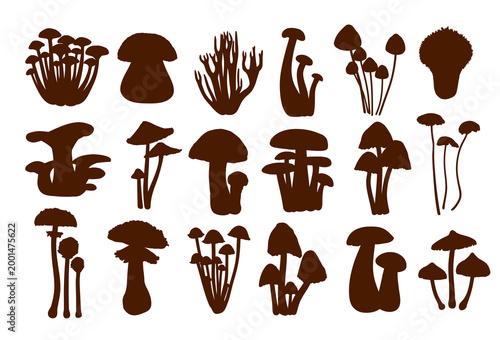 A set of silhouettes of forest mushrooms.