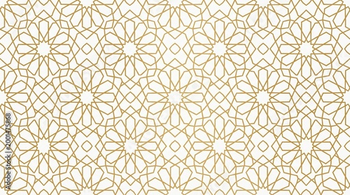 Gold Islamic geometric star seamless pattern on white background, elegant Arabic ornament, mosque tile design, Ramadan decoration and luxury decorative wallpaper
