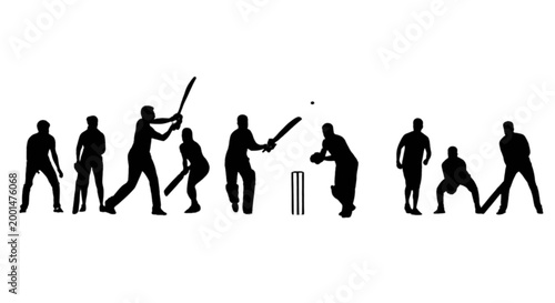 Cricket player silhouettes in various actions isolated on transparent background, Vector