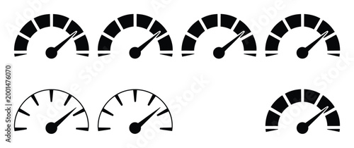 Collection of Black Speedometer and Gauge on White Background